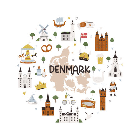 Circle decoration, emblem with famous symbols and landmarks of denmark