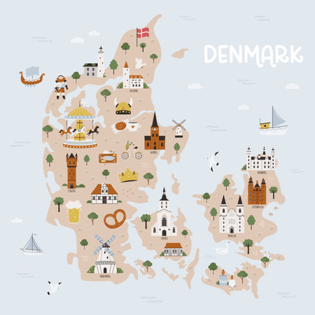 Vector illustration of map of denmark with famous cities and destinations Banco de Imagens