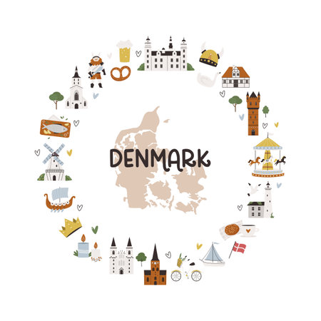 Circle decoration, emblem with famous symbols and landmarks of denmark