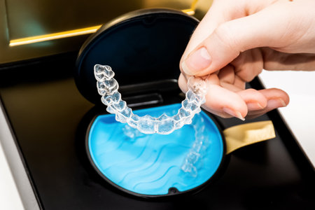 Przezroczyste nakładki w pudełku. niewidoczne szelki. jasne prostowniki do zębów. przezroczyste plastikowe szelki