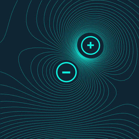 Vector abstract illustration with topographic lines of two charged particles interacting in dark blue cyan colors. magnetic field between two atoms. Banco de Imagens