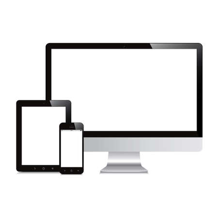 デスクトップ スマート フォン タブレット 白で隔離される分離のモックアップ のイラスト素材 ベクタ Image デスクトップ スマート フォン タブレット 白で隔離される分離のモックアップ のイラスト素材 ベクタ Image