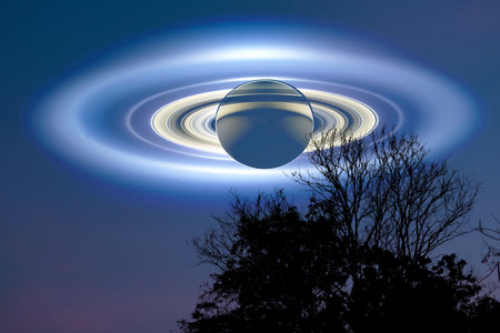 Espacio De Saturno En El Cielo Del Atardecer Y Árbol De Silueta. Fotos, retratos, imágenes y fotografía de archivo libres de derecho. Image 92267592