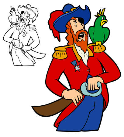 pirate captain drawing his cutlass while his parrot sneers royalty