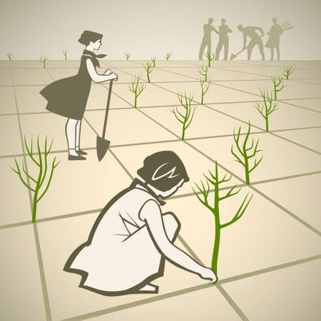 Children planting trees in spring retro vector illustration