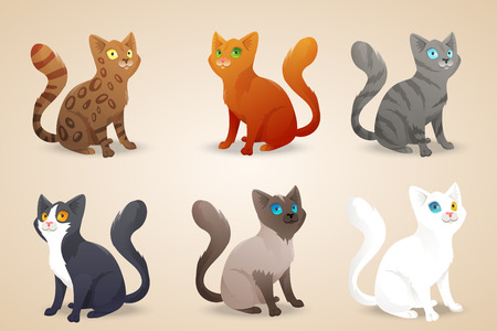 Set of cute cartoon cats with different colored fur and type of coat, breeds.
