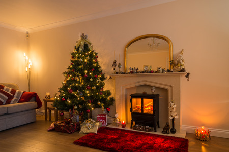 living room at christmas with the warm glow of christmas lights
