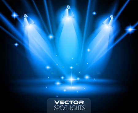 Vector spotlights scene with different source of lights pointing to the floor or shelf. ideal for featuring products. lights are transparent so ready to be placed on every surface.