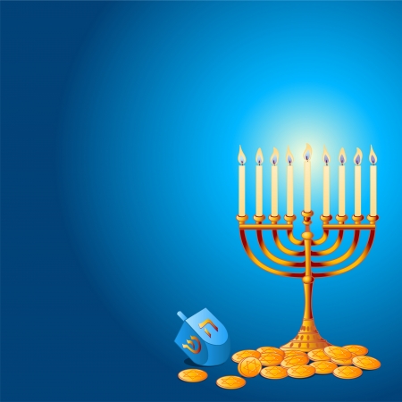 Jewish festival of Hanukkah/Chanukah Background, including Menorah, dreidls/sevivot and Hanukkah Gelt - 5943653