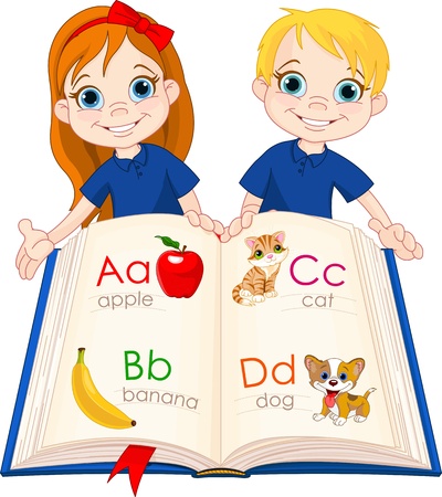 Illustration two kids and abc book Фото со стока