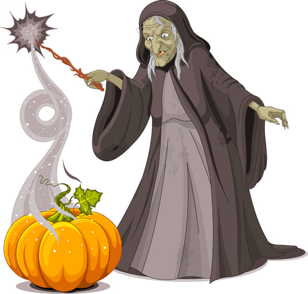 Witch casts a spell over pumpkin