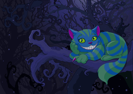 Illustration of Cheshire cat sitting on a branch on the fairy forest background Иллюстрация