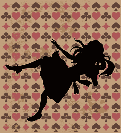 Alice silhouette on wonderland play card background Vector Illustration