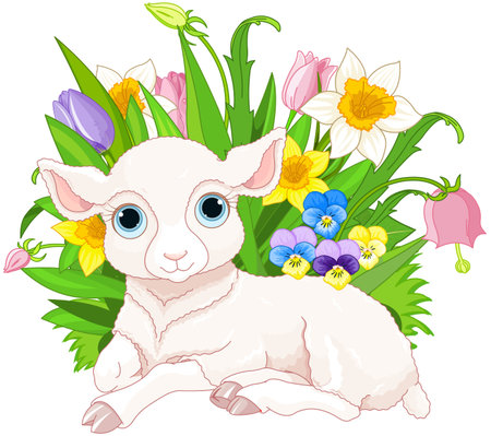 Illustration of cute cub sheep sits in bunch of flowers