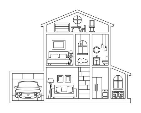 Dollhouse, cottage house in cross section - picture for coloring book Stock Photo