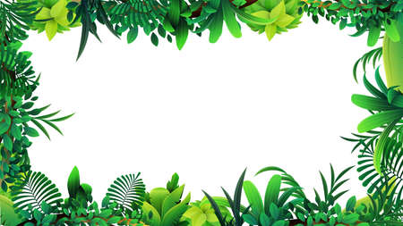 A frame of tropical leaves around a white empty space. layout of a frame made of tropical elements for your creativity