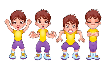 Four poses of the same child, in different expressions. vector cartoon isolated characters. Stock Photo