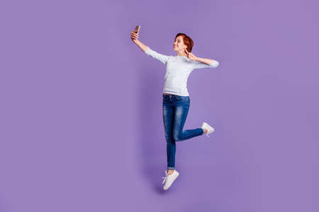 Close up full length size body photo of jump pretty