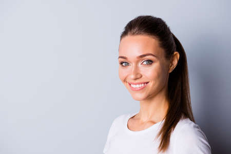 Close up photo beautiful attractive she her lady perfect ideal teeth self-confident easy-going person listening good news sure such results wear casual white t-shirt isolated grey background Banco de Imagens