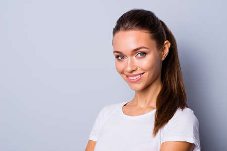 Close up side profile photo beautiful amazing she her lady perfect ideal teeth self-confident easy-going person listening good news sure such results wear casual white t-shirt isolated grey background Banco de Imagens