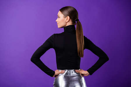 Close up photo of nice pretty lady wearing black turtleneck isolated over purple violet background