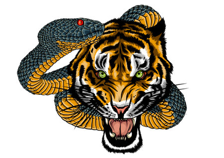 Snake and tiger fighting, tattoo illustration