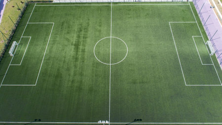 Aerial View Of Green Football, Soccer Pitch. Empty Soccer Field