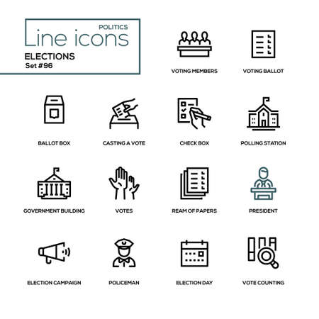 Elections - modern line design icons set. voting members, ballot, check box, casting a vote, polling station, government building, ream of papers, president, campaign, policeman, day, counting