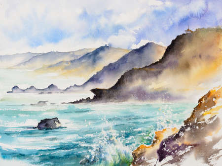 山の水彩画と海の風景の写真素材・画像素材 Image 68703462