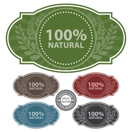 Vector graphic or marketing material for food restaurant or cooking business present by colorful vintage style 100 percent natural label or sign in brown background