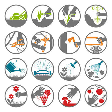 Set of various icons presenting different kind of work and usage of tools in gardening, lawn cultivation and in orchard.