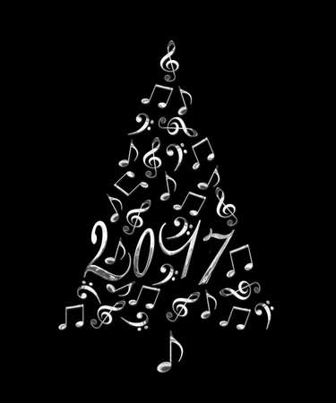 黒の背景上に分離されて金属の銀の音符で 17年クリスマス ツリー の写真素材 画像素材 Image