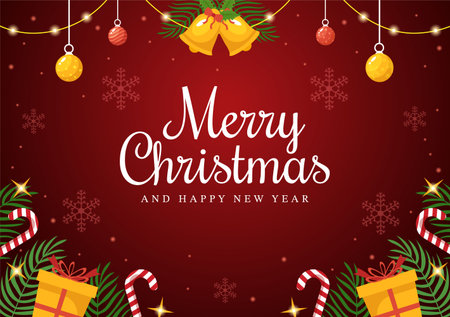 Merry christmas and happy new year template hand drawn cartoon flat background illustration with snowflakes, bells, tree, gift and decorations design
