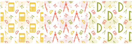 Set of pi day seamless pattern design with mathematical constants or baked pie in template hand drawn cartoon flat illustration