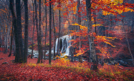 Bild auf Leinwand Wunderschöner Wasserfall Herbst Wald Krim Berge Sonn Bild auf Leinwand Wunderschöner Wasserfall Herbst Wald Krim Berge Sonn