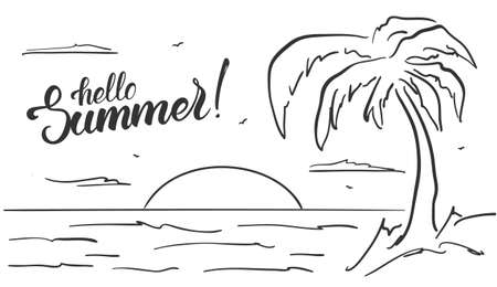 ベクトルイラスト ヤシの木とハローサマーの手書き文字で手描きのビーチ風景 スケッチ線図 のイラスト素材 ベクタ Image