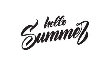 ベクトルイラスト 海のビーチの背景にハローサマーの手書きのレタリングのイラスト素材 ベクタ Image