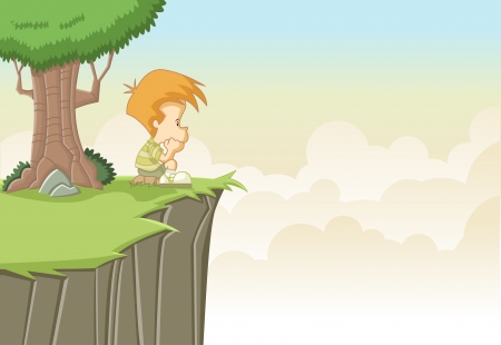 Sad cute cartoon boy thinking on top of a hill Stock Photo