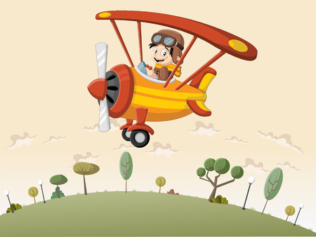 Cartoon boy pilot on the airplane flying over green hill Illustration