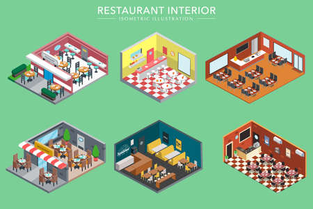 Concept Of Isometric 3d Restaurant Interiors Vector Illustration