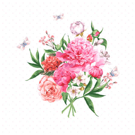 Vintage Watercolor Greeting Card with Blooming Flowers and Butterflies. Roses, Wildflowers and Peonies, Vector Illustration