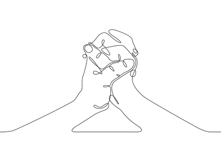 Continuous one line drawing hand palm fingers gestures. business concept of fighting hands Banco de Imagens