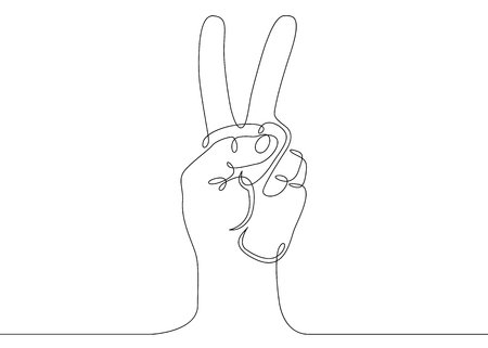 Continuous one line drawing hand palm fingers gestures.hand showing victory sign Banco de Imagens