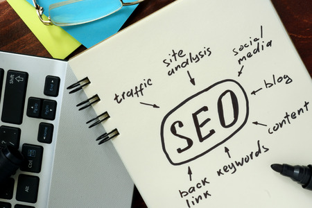 seo: Words SEO search engine optimization written in the notepad.