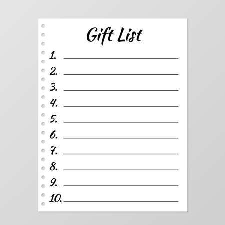 Gift list template. Planner page. Lined and numbered paper sheet. Blank white notebook page isolated on grey. Stationery for organization and planning. Realistic vector illustration. - 108606636