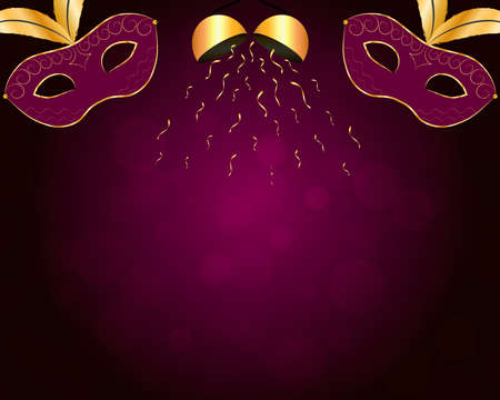 Carnival Background With Gilt Purple Mask, Gold Confetti Ball And Bokeh. Vector Eps 10.