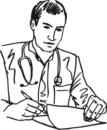 Sketch of Medical Arzt mit Stethoskop an einem Schreibtisch sitzt in h Lizenzfreie Bilder - 11990092