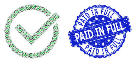 Paid in full corroded round seal imitation and vector recursive composition accept tick. blue seal contains paid in full text inside round shape. Stock Photo