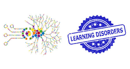 Multicolored mosaic digital neural connection, and learning disorders rubber rosette seal print. blue stamp seal includes learning disorders title inside rosette.