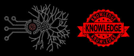 Mesh network digital neural connection on a black background, and knowledge corroded ribbon seal imitation. red stamp seal contains knowledge text inside ribbon.